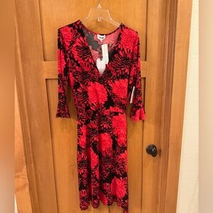 Cute faux wrap dress with flare sleeves and belted waist